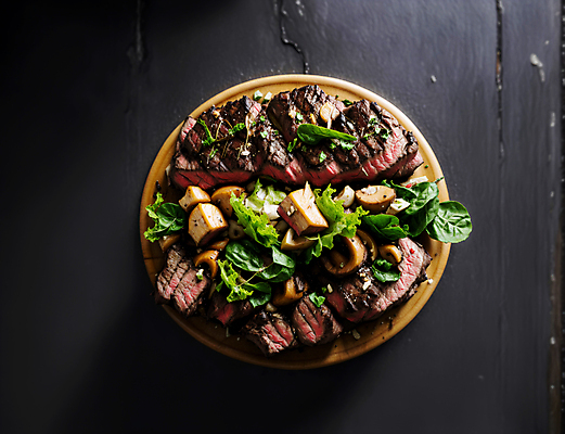 JPG 스튜디오촬영 편집이미지 음식 채소 육류 스테이크 사람없음 하이앵글 버섯 토핑 나무쟁반 편집실사 AI포토 AI콘텐츠 뷰포인트 식재료 쟁반 서양음식 실내 목재 CG 파일형식