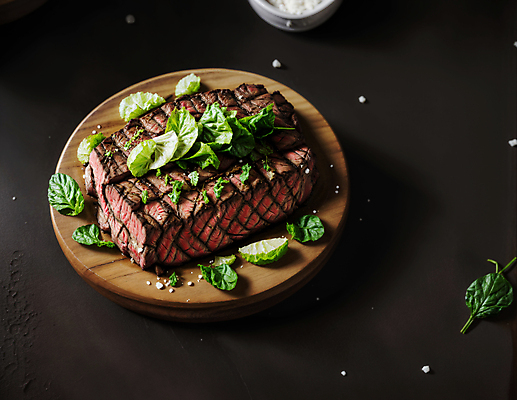 JPG 스튜디오촬영 편집이미지 음식 육류 스테이크 사람없음 토핑 바질 나무쟁반 편집실사 AI포토 AI콘텐츠 식재료 쟁반 서양음식 실내 목재 CG 파일형식