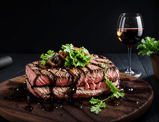 JPG 스튜디오촬영 편집이미지 음식 채소 육류 스테이크 사람없음 와인 소스 토핑 나무쟁반 편집실사 AI포토 AI콘텐츠 식재료 주류 쟁반 서양음식 실내 목재 양념 CG 파일형식