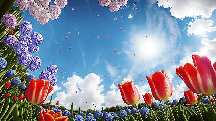 JPG 구름 편집이미지 꽃잎 꽃밭 자연 하늘 프레임 풍경 사람없음 태양 튤립 화려 디지털합성 수국 편집실사 AI포토 AI콘텐츠 자연요소 꽃 컨셉 CG 생태계 파일형식