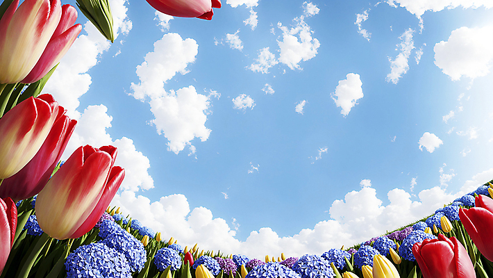 JPG 구름 편집이미지 꽃밭 자연 하늘 프레임 풍경 사람없음 튤립 화려 디지털합성 수국 편집실사 AI포토 AI콘텐츠 자연요소 꽃 컨셉 CG 생태계 파일형식