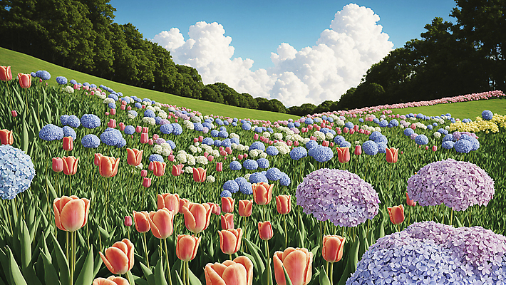 JPG 나무 구름 편집이미지 꽃밭 자연 하늘 풍경 사람없음 튤립 화려 디지털합성 수국 편집실사 AI포토 AI콘텐츠 자연요소 식물 꽃 컨셉 CG 생태계 파일형식