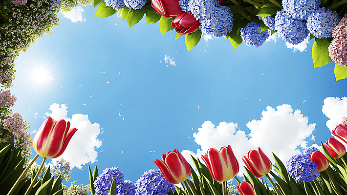 JPG 구름 편집이미지 꽃밭 자연 하늘 프레임 풍경 사람없음 튤립 화려 디지털합성 수국 편집실사 AI포토 AI콘텐츠 자연요소 꽃 컨셉 CG 생태계 파일형식