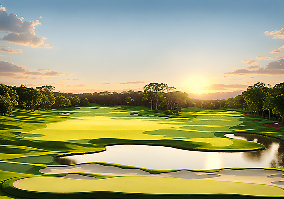 JPG 나무 구름 편집이미지 골프장 필드 하늘 풍경 사람없음 초록색 햇빛 태양 일출 연못 벙커 디지털합성 편집실사 AI포토 AI콘텐츠 자연요소 식물 컬러 골프 스포츠시설 노을 CG 파일형식