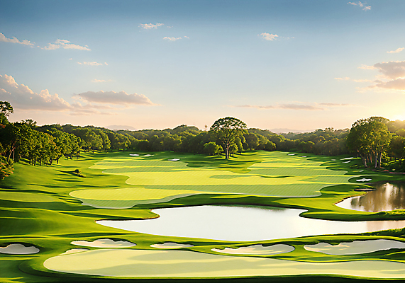 JPG 나무 구름 편집이미지 골프장 필드 하늘 풍경 사람없음 초록색 햇빛 연못 벙커 디지털합성 편집실사 AI포토 AI콘텐츠 자연요소 식물 컬러 골프 스포츠시설 태양 CG 파일형식