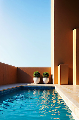 JPG 주간 편집이미지 화분 물결 하늘 수영장 사람없음 야외 건물 햇빛 디지털합성 편집실사 AI포토 AI콘텐츠 자연요소 건축물 태양 CG 파일형식