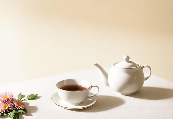 JPG 편집이미지 꽃 실내 사람없음 차 찻잔 찻주전자 오브젝트 편집실사 AI포토 AI콘텐츠 식물 음료 주전자 잔 내부 CG 파일형식