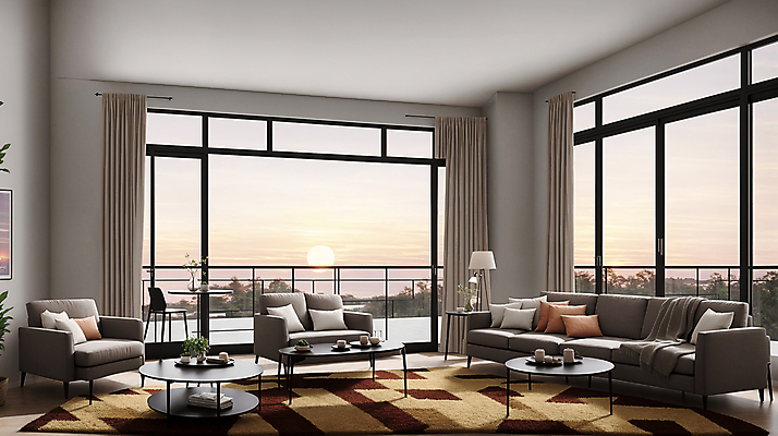 JPG 편집이미지 쿠션 거실 창문 탁자 조명 실내 사람없음 인테리어 소파 일몰 커튼 디지털합성 모던 모델하우스 편집실사 AI포토 AI콘텐츠 디자인 가구 의자 내부 노을 CG 파일형식