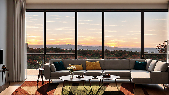 JPG 편집이미지 쿠션 거실 창문 탁자 산 실내 사람없음 인테리어 소파 꽃병 일몰 커튼 디지털합성 모던 모델하우스 편집실사 AI포토 AI콘텐츠 디자인 꽃 가구 의자 내부 노을 CG 파일형식