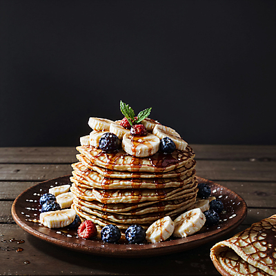 JPG 편집이미지 디저트 바나나 사람없음 디지털합성 블루베리 산딸기 팬케이크 메이플시럽 편집소스 편집실사 AI포토 AI콘텐츠 음식 과일 케이크 CG 시럽 파일형식