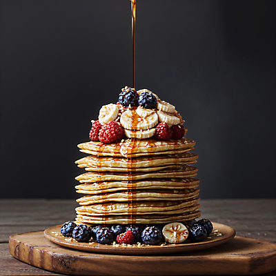 JPG 편집이미지 디저트 바나나 사람없음 흐름 붓기 디지털합성 블루베리 산딸기 팬케이크 메이플시럽 편집소스 편집실사 AI포토 AI콘텐츠 음식 컨셉 과일 모션 케이크 CG 시럽 파일형식