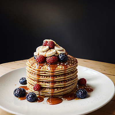 JPG 편집이미지 디저트 바나나 사람없음 디지털합성 블루베리 산딸기 팬케이크 메이플시럽 편집소스 편집실사 AI포토 AI콘텐츠 음식 과일 케이크 CG 시럽 파일형식