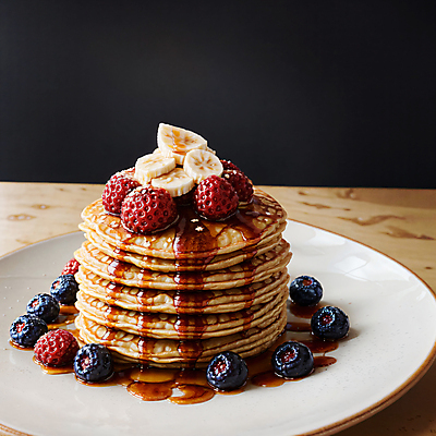 JPG 편집이미지 디저트 바나나 사람없음 디지털합성 블루베리 산딸기 팬케이크 메이플시럽 편집소스 편집실사 AI포토 AI콘텐츠 음식 과일 케이크 CG 시럽 파일형식