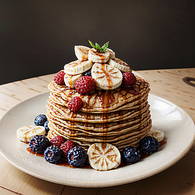 JPG 편집이미지 디저트 바나나 사람없음 디지털합성 블루베리 산딸기 팬케이크 메이플시럽 편집소스 편집실사 AI포토 AI콘텐츠 음식 과일 케이크 CG 시럽 파일형식