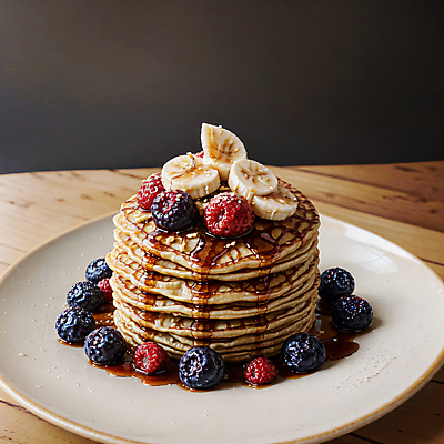 JPG 편집이미지 디저트 바나나 사람없음 디지털합성 블루베리 산딸기 팬케이크 메이플시럽 편집소스 편집실사 AI포토 AI콘텐츠 음식 과일 케이크 CG 시럽 파일형식