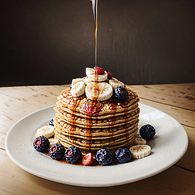 JPG 편집이미지 디저트 바나나 사람없음 흐름 붓기 디지털합성 블루베리 산딸기 팬케이크 메이플시럽 편집소스 편집실사 AI포토 AI콘텐츠 음식 컨셉 과일 모션 케이크 CG 시럽 파일형식