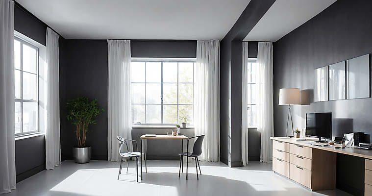 JPG 편집이미지 화분 의자 창문 실내 사람없음 인테리어 사무실 모니터 깨끗함 공간 스탠드 커튼 책상 디지털합성 모던 편집소스 편집실사 AI포토 AI콘텐츠 디자인 가구 컨셉 비즈니스 조명 내부 컴퓨터 CG 파일형식