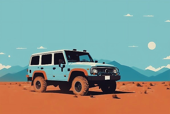 JPG 구름 하늘색 일러스트 자동차 하늘 산 풍경 사람없음 태양 주황색 황무지 오프로드 국내일러스트 AI일러스트 AI콘텐츠 자연요소 육상교통 컬러 파란색 파일형식