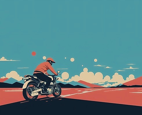 JPG 전신 구름 남자 하늘색 일러스트 하늘 산 한명 풍경 성인 태양 주황색 오토바이 황무지 승차 오프로드 성인남자한명만 국내일러스트 AI일러스트 AI콘텐츠 자연요소 1 컬러 모션 사람 파란색 바이크 남자한명만 성인남자만 파일형식