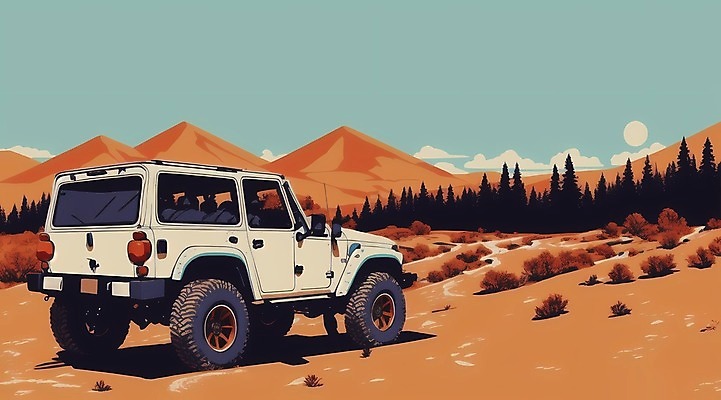 JPG 나무 구름 일러스트 자동차 하늘 산 풍경 사람없음 태양 풀 황무지 오프로드 국내일러스트 AI일러스트 AI콘텐츠 자연요소 식물 육상교통 파일형식