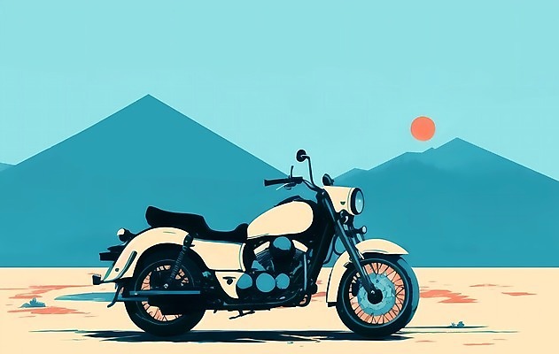 JPG 일러스트 하늘 산 풍경 사람없음 파란색 태양 오토바이 황무지 오프로드 국내일러스트 AI일러스트 AI콘텐츠 자연요소 컬러 바이크 파일형식