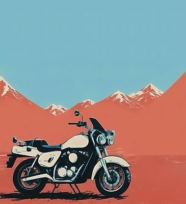 JPG 하늘색 일러스트 하늘 산 풍경 사람없음 주황색 오토바이 황무지 오프로드 국내일러스트 AI일러스트 AI콘텐츠 컬러 파란색 바이크 파일형식