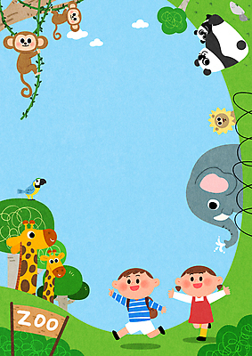 전신 PSD 나무 구름 여자 남자 어린이 백그라운드 여러마리 일러스트 코끼리 동물원 소녀 소년 두명 파란색 달리기 원숭이 표지판 덩굴 사자 판다 기린 앵무새 어린이만 카피스페이스 국내일러스트 자연요소 식물 컬러 다수 곰 포유류 모션 조류 알림판 사람 공백 파일형식