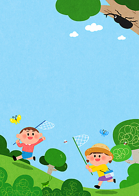 전신 PSD 나무 구름 여자 남자 어린이 나비 곤충 백그라운드 일러스트 들기 소녀 소년 두명 파란색 달리기 손들기 풀 잠자리 곤충채집 채집망 방아깨비 사슴벌레 어린이만 카피스페이스 국내일러스트 자연요소 식물 동물 컬러 모션 사람 공백 수집 파일형식