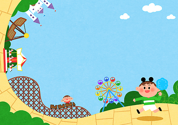 전신 PSD 구름 여자 남자 어린이 백그라운드 일러스트 소녀 소년 상반신 두명 파란색 달리기 만세 놀이공원 풀 성 놀이기구 승차 대관람차 회전목마 롤러코스터 바이킹 솜사탕 어린이만 카피스페이스 국내일러스트 자연요소 식물 건축물 컬러 모션 디저트 사람 공백 테마파크 파일형식