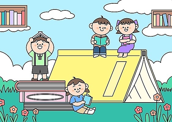 전신 구름 여자 남자 꽃 어린이 일러스트 안기 책장 서기 들기 앉기 소녀 소년 잔디 여러명 책 독서 기댐 도서관 어린이만 국내일러스트 AI파일 자연요소 식물 교육 가구 다수 모션 사람 파일형식 벡터