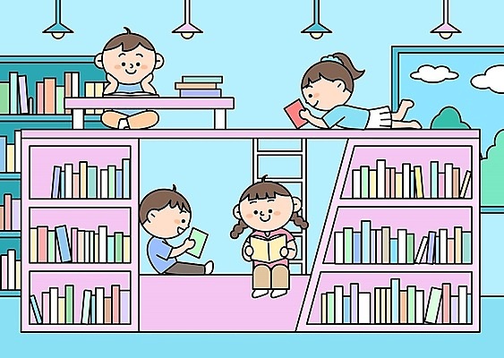 전신 구름 여자 남자 어린이 엎드리기 일러스트 사다리 창문 조명 책장 들기 앉기 소녀 소년 여러명 책 독서 기댐 턱괴기 도서관 책상 어린이만 국내일러스트 AI파일 자연요소 교육 가구 다수 모션 사람 도구 파일형식 벡터