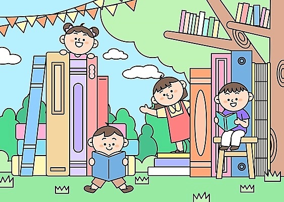 전신 나무 여자 남자 어린이 일러스트 책장 서기 들기 앉기 소녀 소년 여러명 상반신 책 독서 풀 도서관 손인사 가랜드 어린이만 국내일러스트 AI파일 식물 교육 가구 다수 모션 사람 인사 파티용품 파일형식 벡터