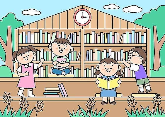 전신 나무 구름 여자 남자 어린이 시계 일러스트 안기 책장 서기 들기 앉기 손짓 소녀 소년 여러명 책 독서 풀 도서관 어린이만 국내일러스트 AI파일 자연요소 식물 교육 가구 다수 모션 사람 파일형식 벡터