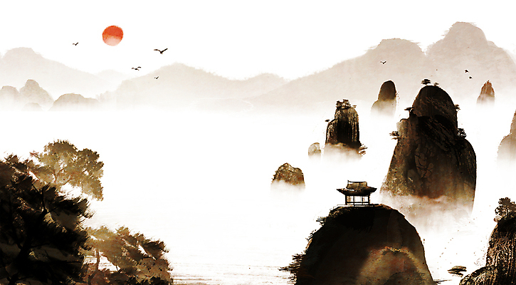 PSD 나무 백그라운드 일러스트 자연 조류 붓터치 사람없음 태양 갈색 절벽 안개 돌산 동양화 정자 번짐 산수화 국내일러스트 자연요소 식물 동물 건축물 컬러 날씨 산 미술 생태계 파일형식 효과