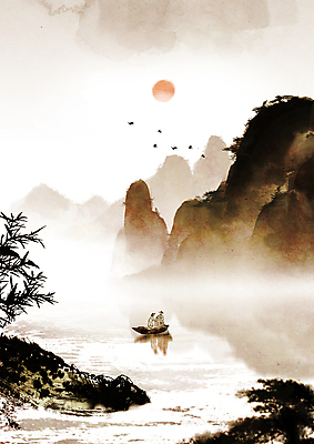 전신 PSD 나무 남자 백그라운드 일러스트 자연 조류 붓터치 낚시 산 들기 성인 두명 강 태양 반사 갈색 그물 승차 나룻배 어부 동양화 번짐 산수화 성인남자만 국내일러스트 자연요소 식물 동물 직업 컬러 배_교통 모션 레저 미술 사람 생태계 남자만 성인만 파일형식 효과