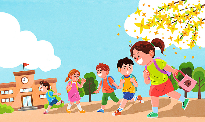 전신 PSD 나무 구름 학생 여자 남자 어린이 일러스트 학교 하늘 책가방 함께함 들기 소녀 소년 여러명 달리기 걷기 개나리 즐거움 등교 손인사 신발주머니 어린이만 국내일러스트 자연요소 식물 교육 꽃 감정 다수 컨셉 가방 모션 사람 인사 등하교 파일형식