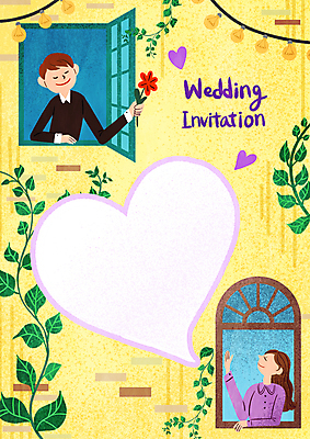 PSD 부부 커플 여자 남자 꽃 결혼 일러스트 창문 프레임 들기 손짓 상반신 성인 두명 노란색 손들기 눈감음 하트 덩굴 편지지 청첩장 알전구 성인만 카피스페이스 국내일러스트 모양 식물 컬러 전구 관계 모션 카드_감사 사람 이벤트 공백 편지 파일형식