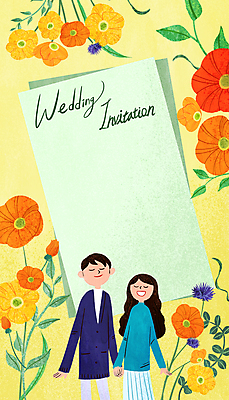 PSD 부부 커플 여자 남자 꽃 잎 일러스트 프레임 상반신 성인 두명 노란색 사각형 눈감음 손잡기 편지지 청첩장 성인만 카피스페이스 국내일러스트 도형 식물 컬러 관계 모션 카드_감사 사람 공백 편지 파일형식