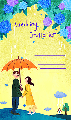 PSD 나무 부부 커플 여자 남자 잎 일러스트 우산 주택 서기 들기 성인 두명 노란색 눈감음 손잡기 비 빗방울 편지지 언덕 먹구름 청첩장 수국 까치발 성인만 카피스페이스 국내일러스트 자연요소 식물 꽃 컬러 관계 모션 발 날씨 카드_감사 사람 건물 공백 비_날씨 편지 파일형식 구름_자연
