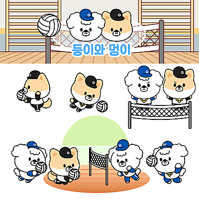 스포츠 동물캐릭터 유니폼 여러마리 일러스트 들기 사람없음 던지기 찡그림 개 강아지 배구 개캐릭터 배구선수 배구공 배구코트 캡모자 일러캐릭터 AI파일 동물 캐릭터 모자_잡화 옷 스포츠용품 다수 공 포유류 모션 운동선수 표정 반려동물 구기 파일형식 벡터