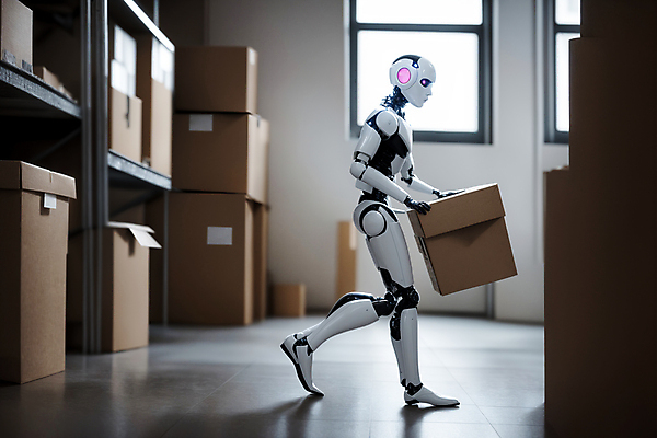 JPG 편집이미지 창문 실내 들기 사람없음 걷기 운반 스마트 택배상자 물류창고 자동화 휴머노이드 편집실사 AI컴퓨터그래픽 AI콘텐츠 컨셉 모션 내부 상자 로봇 창고 CG 택배 파일형식