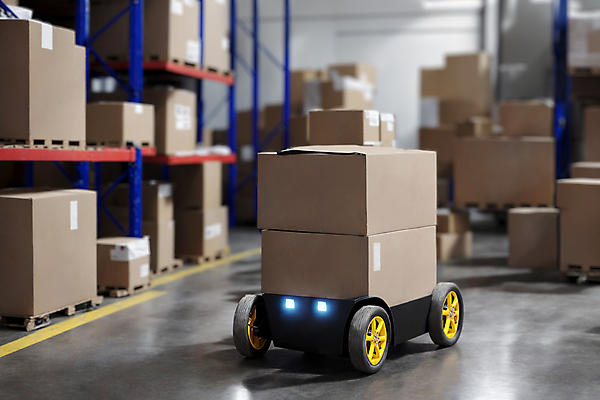 JPG 편집이미지 실내 사람없음 쌓기 운반 스마트 로봇 택배상자 물류창고 자동화 편집실사 AI포토 AI콘텐츠 컨셉 모션 내부 상자 창고 CG 택배 파일형식