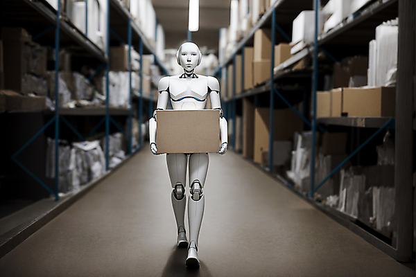 JPG 편집이미지 전등 실내 들기 사람없음 걷기 운반 스마트 택배상자 물류창고 자동화 휴머노이드 편집실사 AI컴퓨터그래픽 AI콘텐츠 컨셉 모션 조명 내부 상자 로봇 창고 CG 택배 파일형식