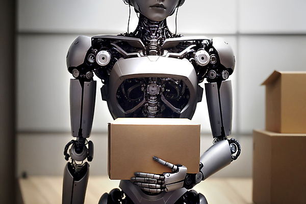 JPG 편집이미지 실내 들기 사람없음 운반 스마트 광택 택배상자 물류창고 자동화 휴머노이드 편집실사 AI컴퓨터그래픽 AI콘텐츠 컨셉 모션 내부 상자 로봇 창고 CG 택배 파일형식