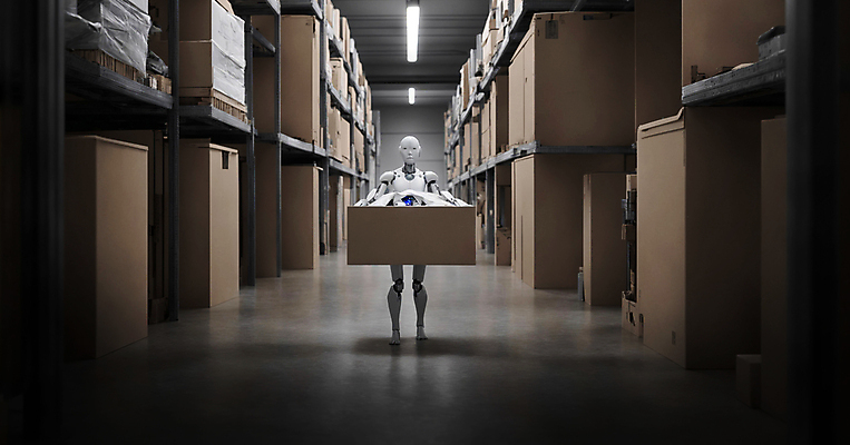 JPG 편집이미지 전등 실내 들기 사람없음 운반 스마트 택배상자 물류창고 자동화 휴머노이드 편집실사 AI컴퓨터그래픽 AI콘텐츠 컨셉 모션 조명 내부 상자 로봇 창고 CG 택배 파일형식