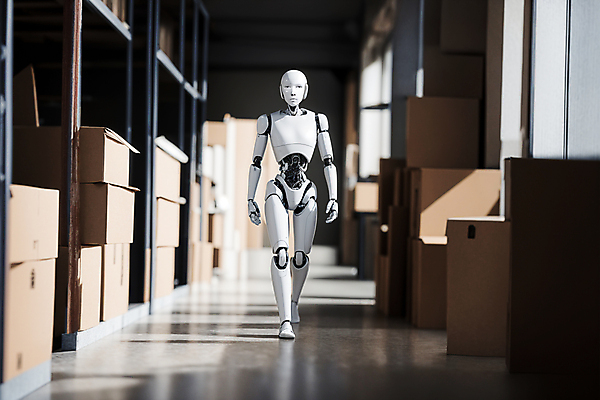 JPG 편집이미지 창문 실내 사람없음 빛 걷기 스마트 확인 택배상자 물류창고 자동화 휴머노이드 편집실사 AI컴퓨터그래픽 AI콘텐츠 컨셉 모션 내부 상자 로봇 창고 CG 택배 파일형식