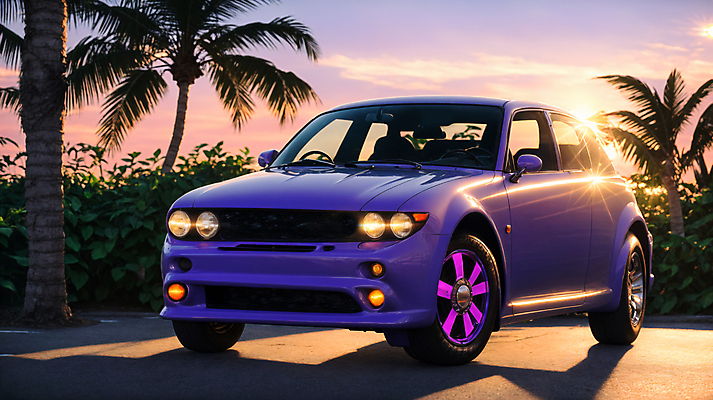 JPG 주간 구름 편집이미지 자동차 사람없음 야외 야자수 햇빛 태양 노을 일몰 도시 디지털합성 클래식카 편집소스 시티팝 편집실사 AI포토 AI콘텐츠 자연요소 나무 육상교통 컨셉 승용차 CG 파일형식