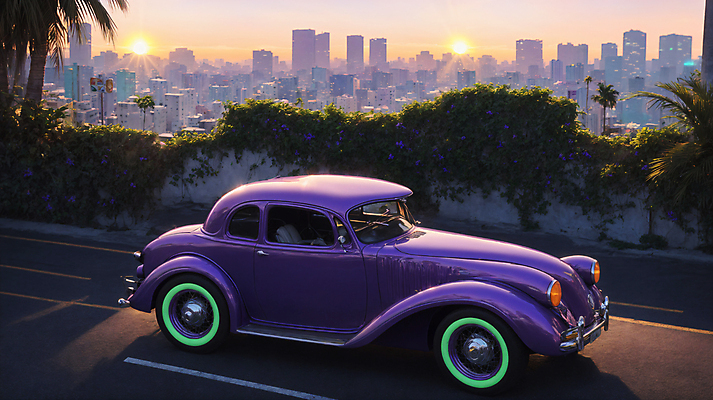 JPG 주간 편집이미지 도로 자동차 사람없음 야외 건물 담장 야자수 태양 노을 일몰 도시 디지털합성 클래식카 편집소스 시티팝 편집실사 AI포토 AI콘텐츠 자연요소 나무 건축물 길 육상교통 컨셉 교통시설 승용차 CG 파일형식