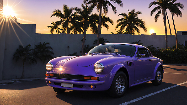 JPG 주간 편집이미지 자동차 사람없음 야외 담장 야자수 태양 노을 일몰 디지털합성 클래식카 편집소스 시티팝 편집실사 AI포토 AI콘텐츠 자연요소 나무 육상교통 컨셉 승용차 CG 파일형식