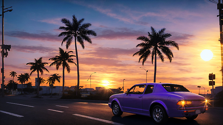 JPG 주간 구름 편집이미지 도로 자동차 사람없음 야외 건물 야자수 태양 노을 일몰 도시 디지털합성 클래식카 편집소스 시티팝 편집실사 AI포토 AI콘텐츠 자연요소 나무 건축물 길 육상교통 컨셉 교통시설 승용차 CG 파일형식